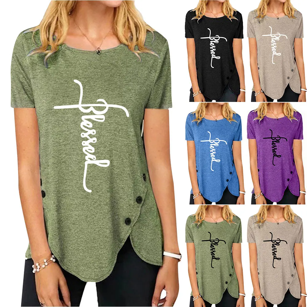 

Irregular Tees Women's Summer Plus Size T-Shirt Button Short Sleeve Round Neck Printed Casual Tops Cotton Pullover cofekate