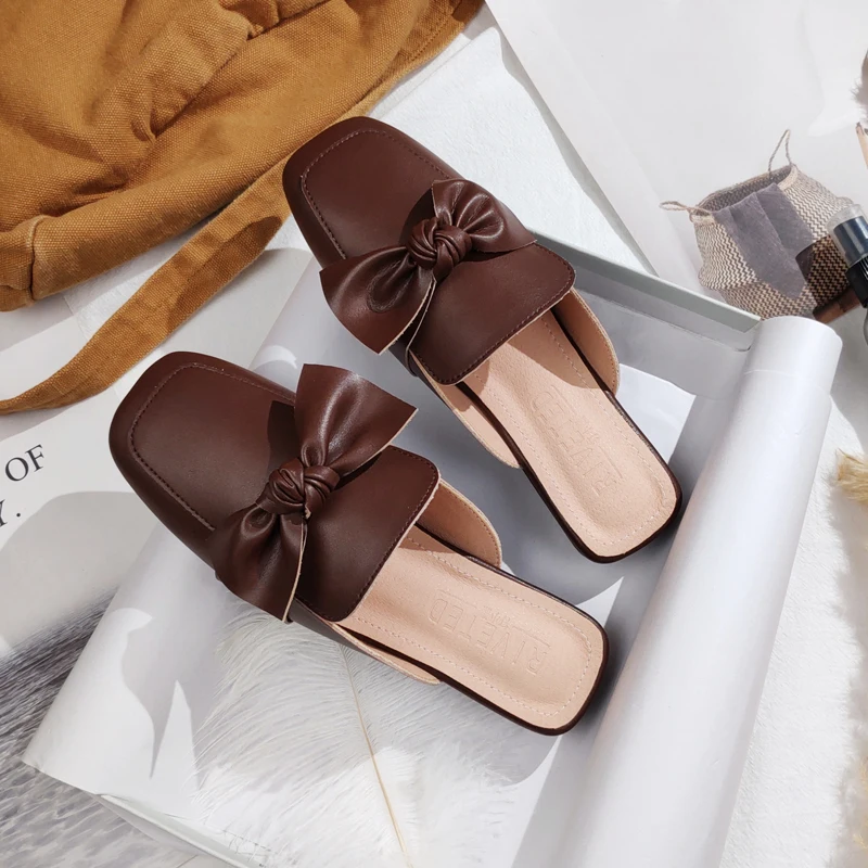 

Spring and summer new women's white muller shoes fashion bow ladies square toe plus-size low-heeled slippers