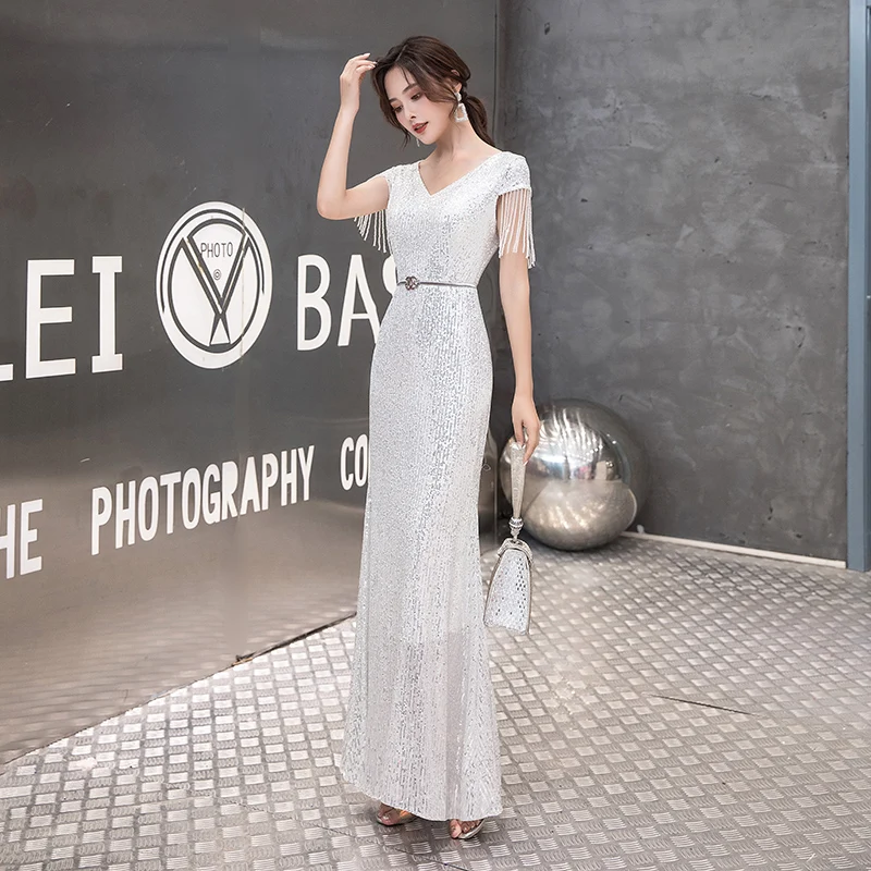 It's YiiYa Eveing Gowns V-Neck Sequined Short Sleeve Evening Dresses for Women Tassel Floor-Length Plus Size Robe De Soiree K049 | Свадьбы