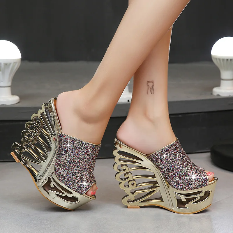 Slippers Women Summer Platform Shoes Bling Silver Gold Heels Women Sandals Casuales Sexy Heels for Women Shoes Slipper Fashion