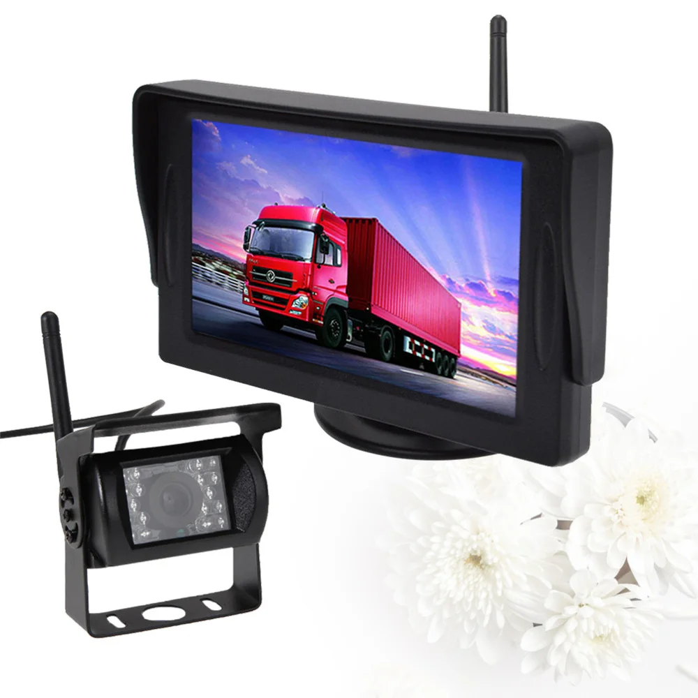 

2.4G Wireless Night Vision Car Rear View Backup Camera System with 4.3 Inch Monitor for 12-24V Truck Trailer (Black)