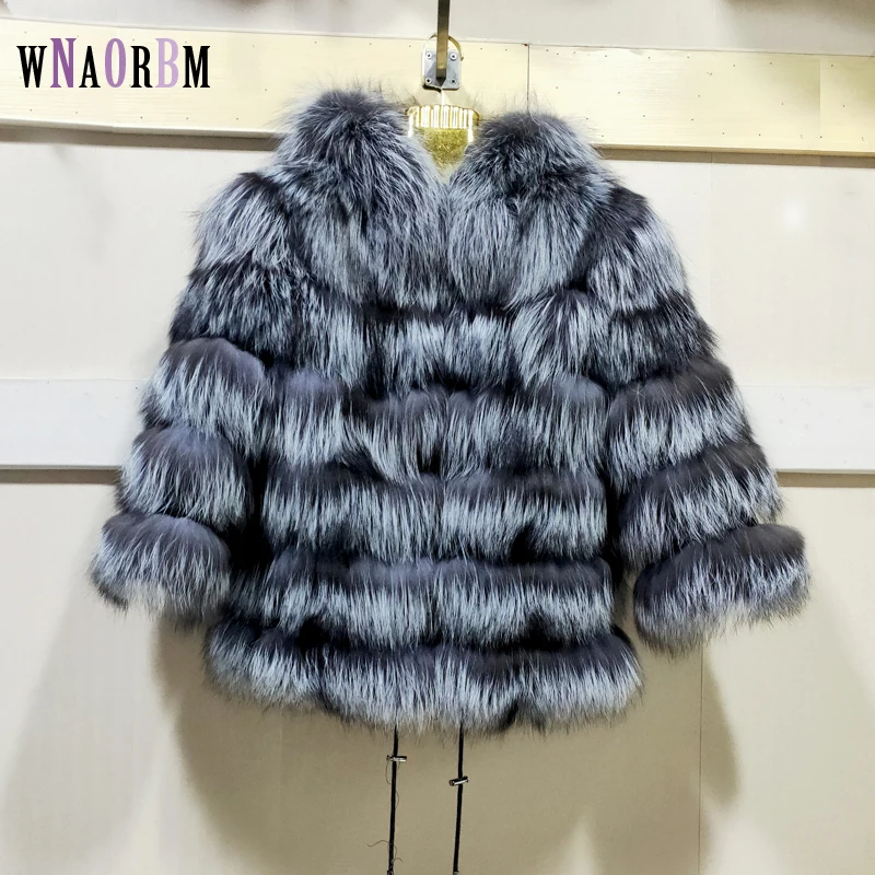 Genuine Fox Jacket Real natural raccoon Silver Fox Fur Hoodie Jacket winter warm women's clothing length 60 cm