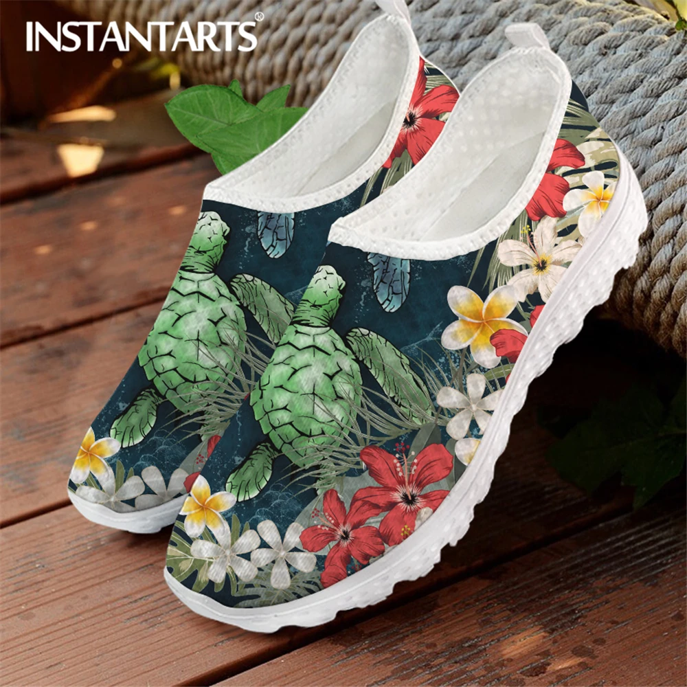 

INSTANTARTS Hawaii Kanaka Maoli Polynesian Flower Turtle Printed Ladies Mesh Sneaker Casual Soft Flat Shoes Breathable Zapatos