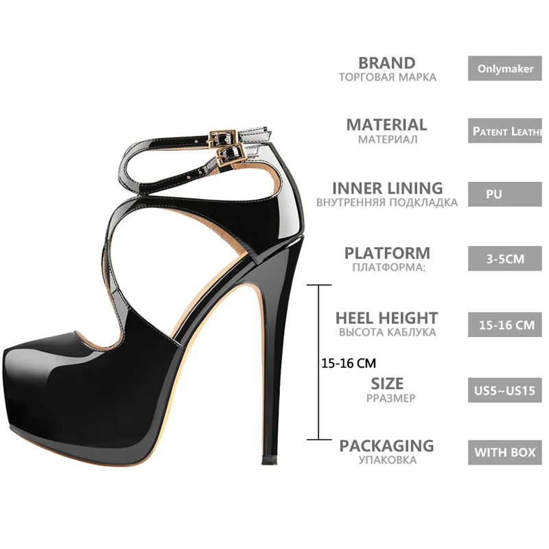 Onlymaker Women's 15~16CM High Heel Ankle Strap Platform Stilettos Pointed Toe Sandals Pumps Big Size US5~US15 | Обувь