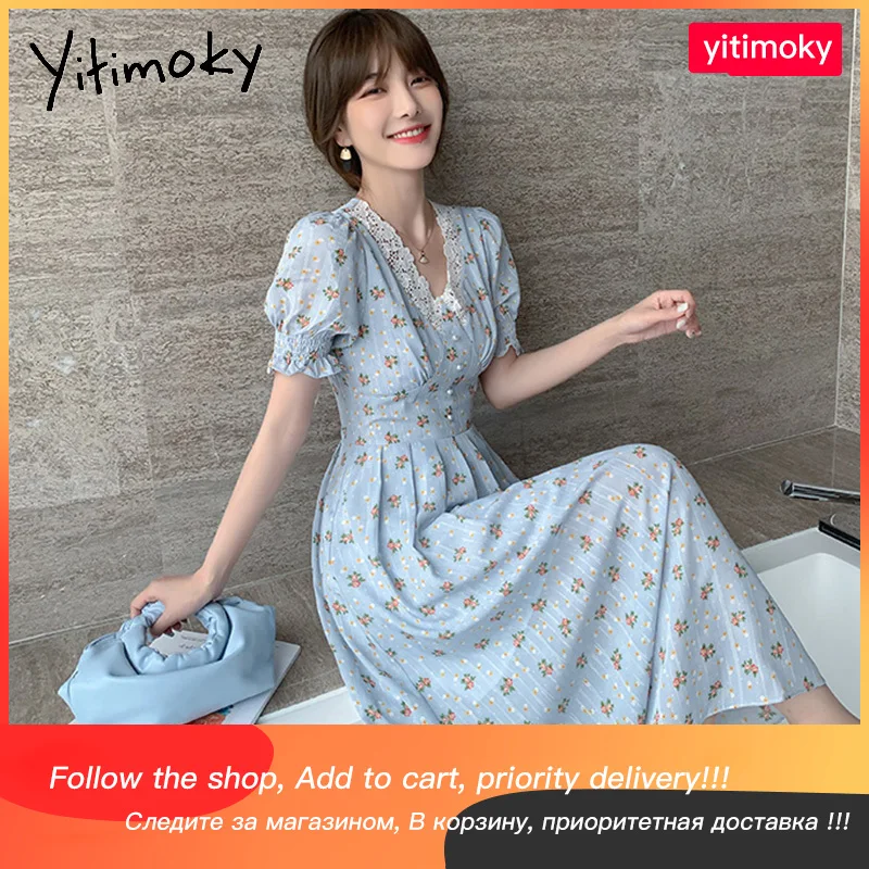 

Yitimoky женское летнее платье с цветочным рисунком, одежда с коротким рукавом бежевого, синего цвета, корейская мода, милые платья с высокой та...