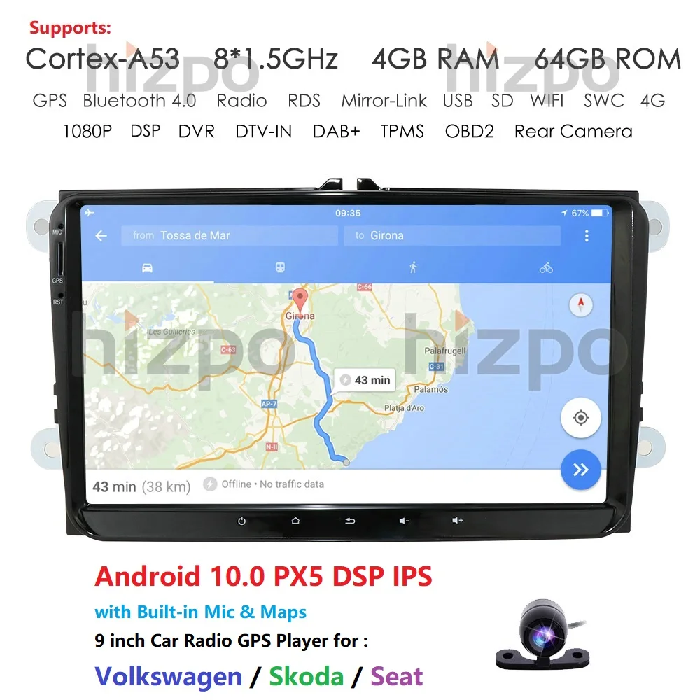 HIZPO Android 10 0 Octa Core 9 &quotАвтомобильный плеер радио GPS без DVD для vw Volkswagen Golf Plus Passat CC Touran