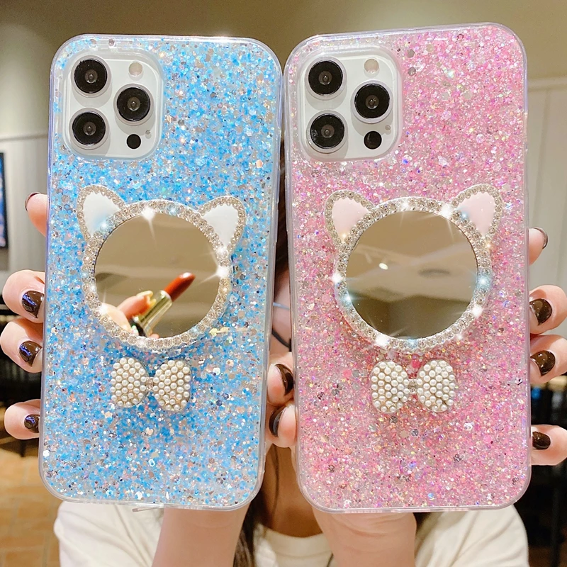 

Cat Ear Makeup Mirror Case for Iphone 12 13 Pro Cases Glitter Fundas Iphone 11 Pro Max Mini XR 7 8 SE 2020 X XS 6 6s Plus Cover