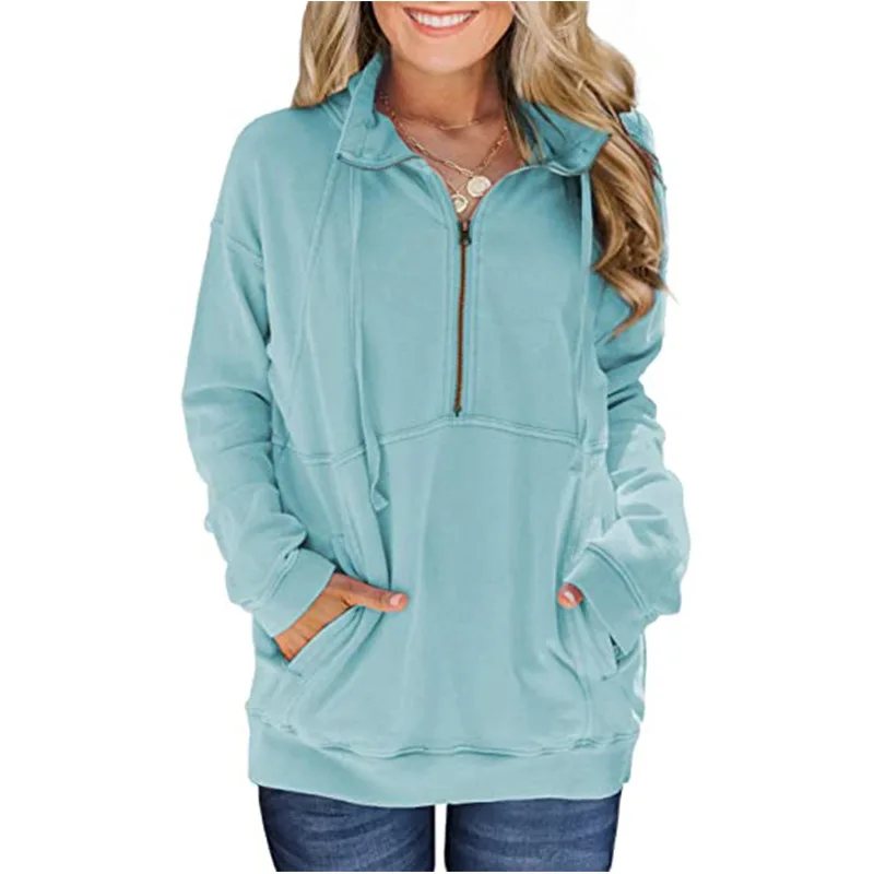 

Zip Up stand collar sweatshirt Women oversized warm autumn pullovers Casual long sleeve big pocket Loose tops black blue green