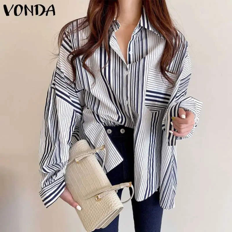 

Офисные рубашки VONDA для женщин, осенняя плиссированная блузка с длинным рукавом, свободные полосатые богемные блузы с принтом, женские топы ...