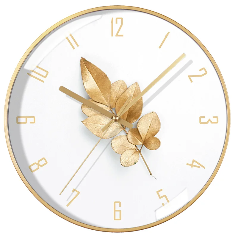 

Chinese Living Room Wall Clock Acrylic Round Golden Leaf Clock Wall Ultra Quiet Zegary Scienne Clocks Wall Home Decor EF50WC