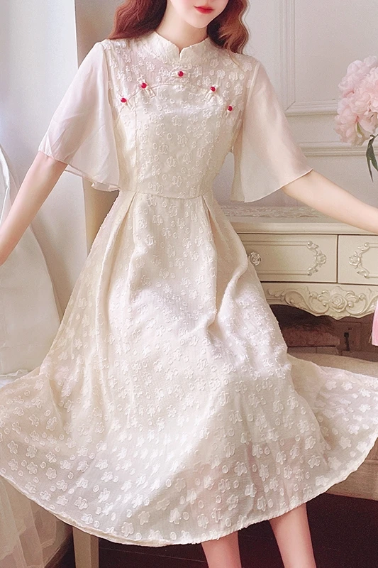 

COIGARSAM Cheongsam New French Style Vintage Dresses Apricot 6997