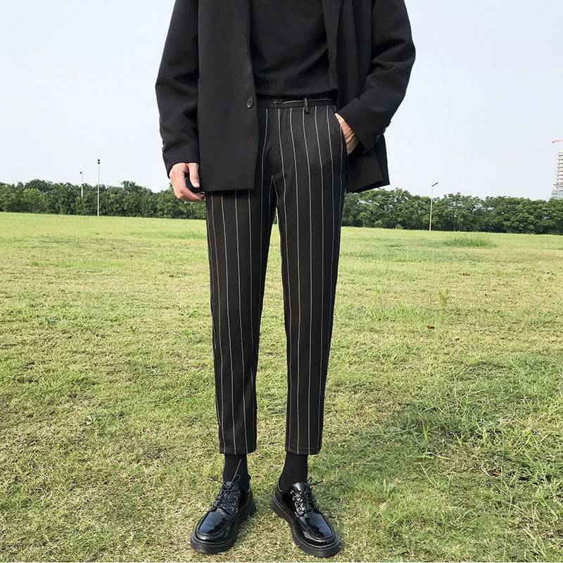 Весенние полосатые повседневные брюки мужские облегающие корейские леггинсы