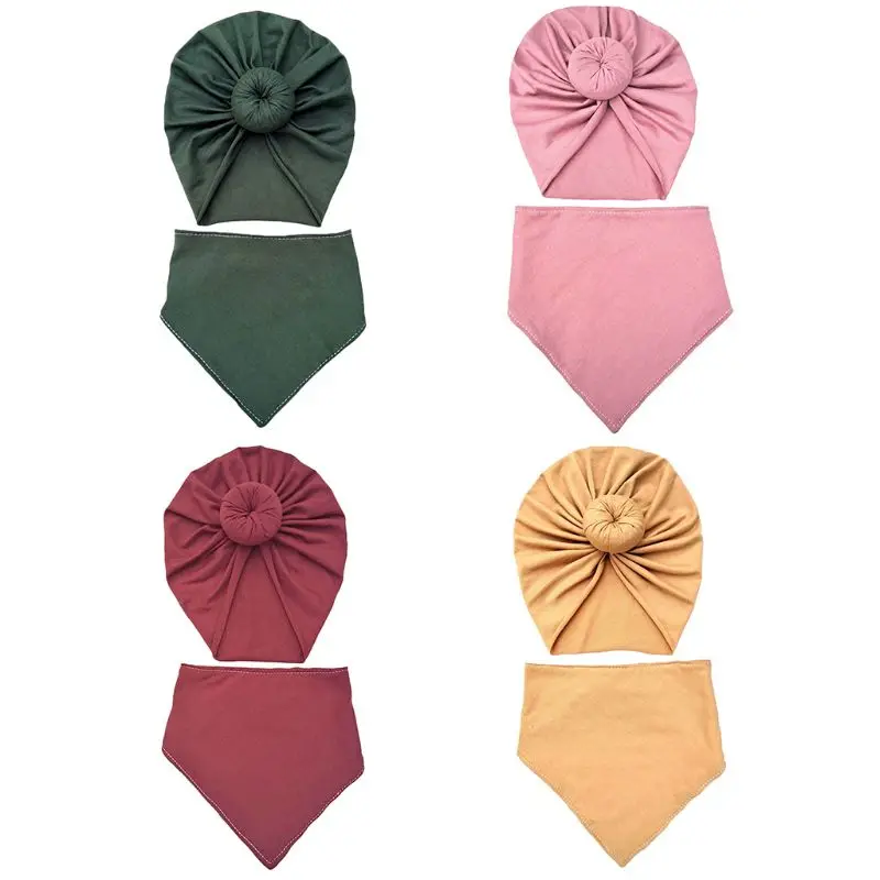

2Pcs Baby Knot Round Ball Cap+Saliva Towel Set Infant Cotton Turban Stretchy Beanie Hat Feeding Bib Scarf Kit