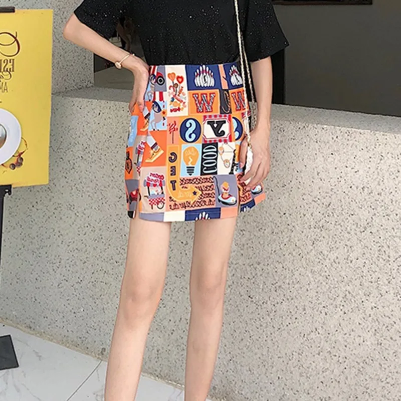 

2020 New Fashion High Waist A Line Skirt Women Summer Midi Skirts Girlfriends Elastic Waist Personality Printed Skirts For Women