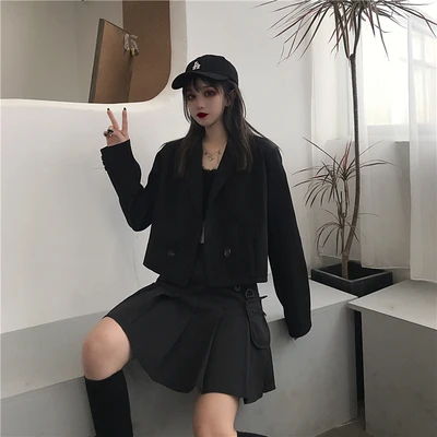 Black small suit jacket 2020 new autumn fashion temperament leisure student long-sleeved short dress | Женская одежда