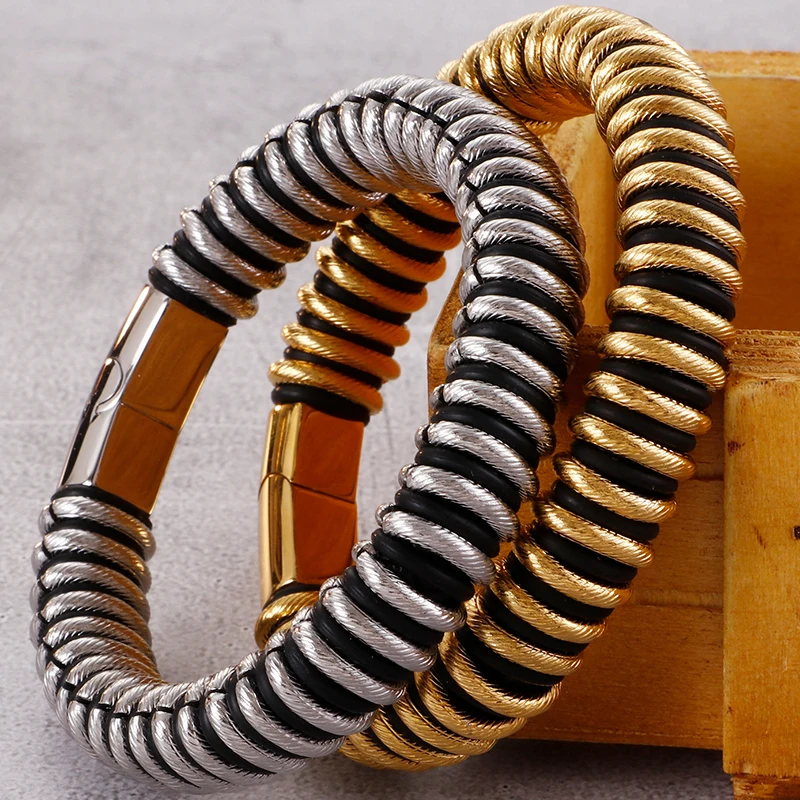 Мужской браслет из нержавеющей стали и кожи с позолотой 13 мм | Украшения