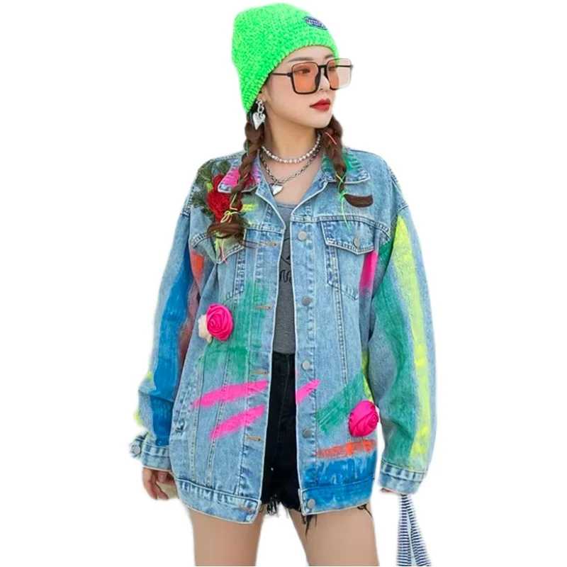 

European station tide brand heavy industry color graffiti sequined flower denim jacket female loose embroidered retro jacket