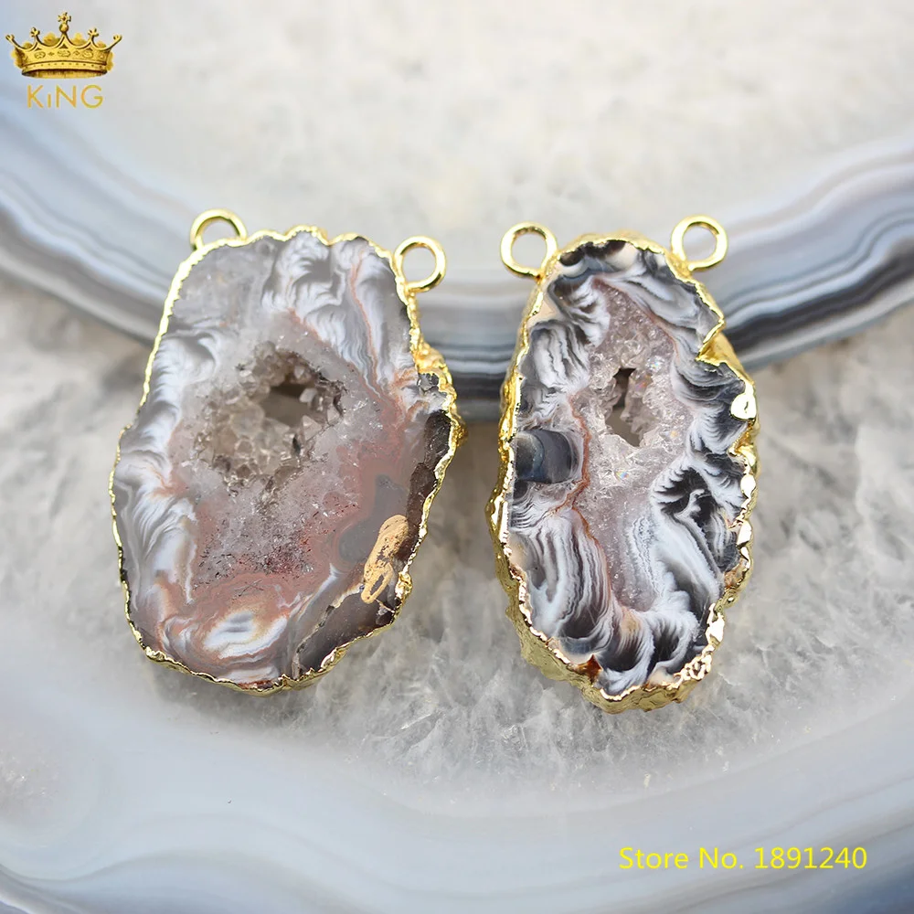 

5Pcs/Lot Natural Drusy Agates Slice Connectors Charms Pendant,Plated Gold Druzy Geode Charms For Jewelry DIY Making XING-16KBAC