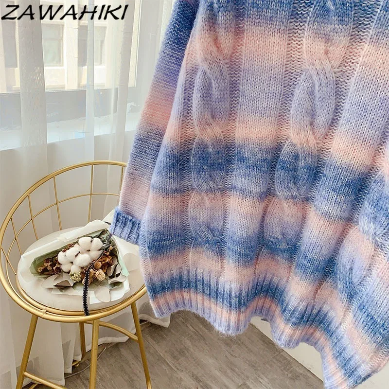 

ZAWAHIKI Rainbow Striped Oversized Women's Pullovers Autumn Long Sleeve Casual O Neck Sweaters Spliced Contrast Color Knit Tops