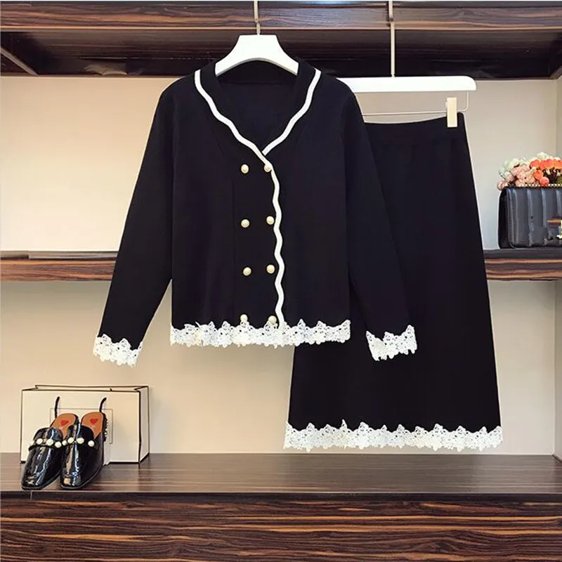 

Women 2 Piece Set Fashion Chic Design Double-breasted Lace Trim Knit Cardigan + Elastic Waist Skirt/Pants Suits 4XL Female
