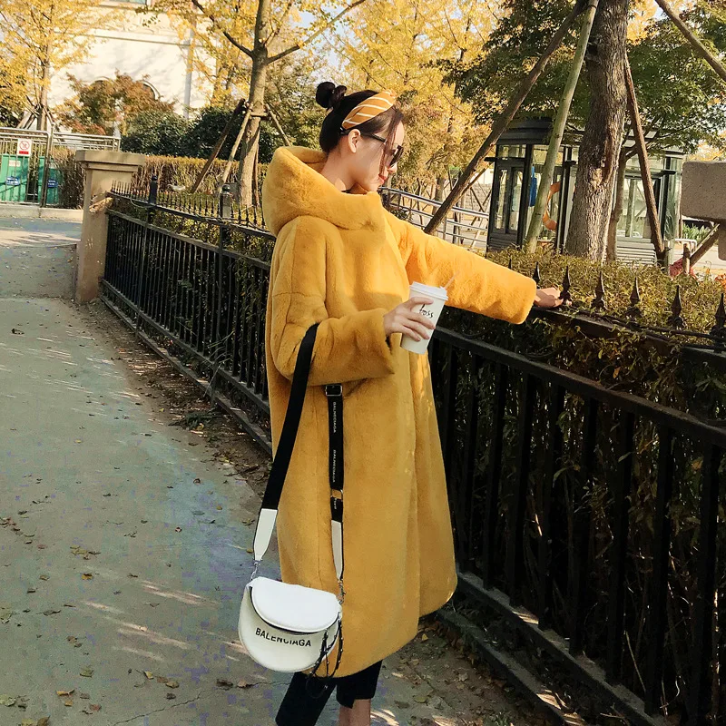 Warm yellow Толстое пальто из искусственного кроличьего меха с капюшоном, свободное шерстяное пальто до колена, женское длинное пушистое пальто с длинным рукавом из искусственного меха - Цвет: Warm yellow