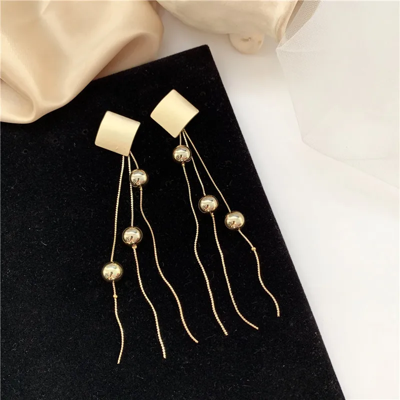 

Korean super fairy girl long tassel earrings geometric square metal ball stud earrings