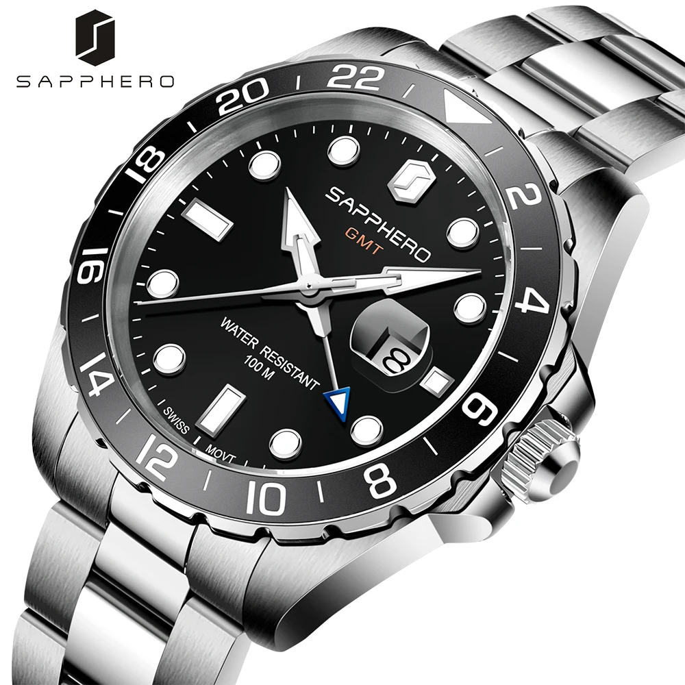 SAPPHERO Мужские часы Корпус из нержавеющей стали Водонепроницаемые 100M швейцарский