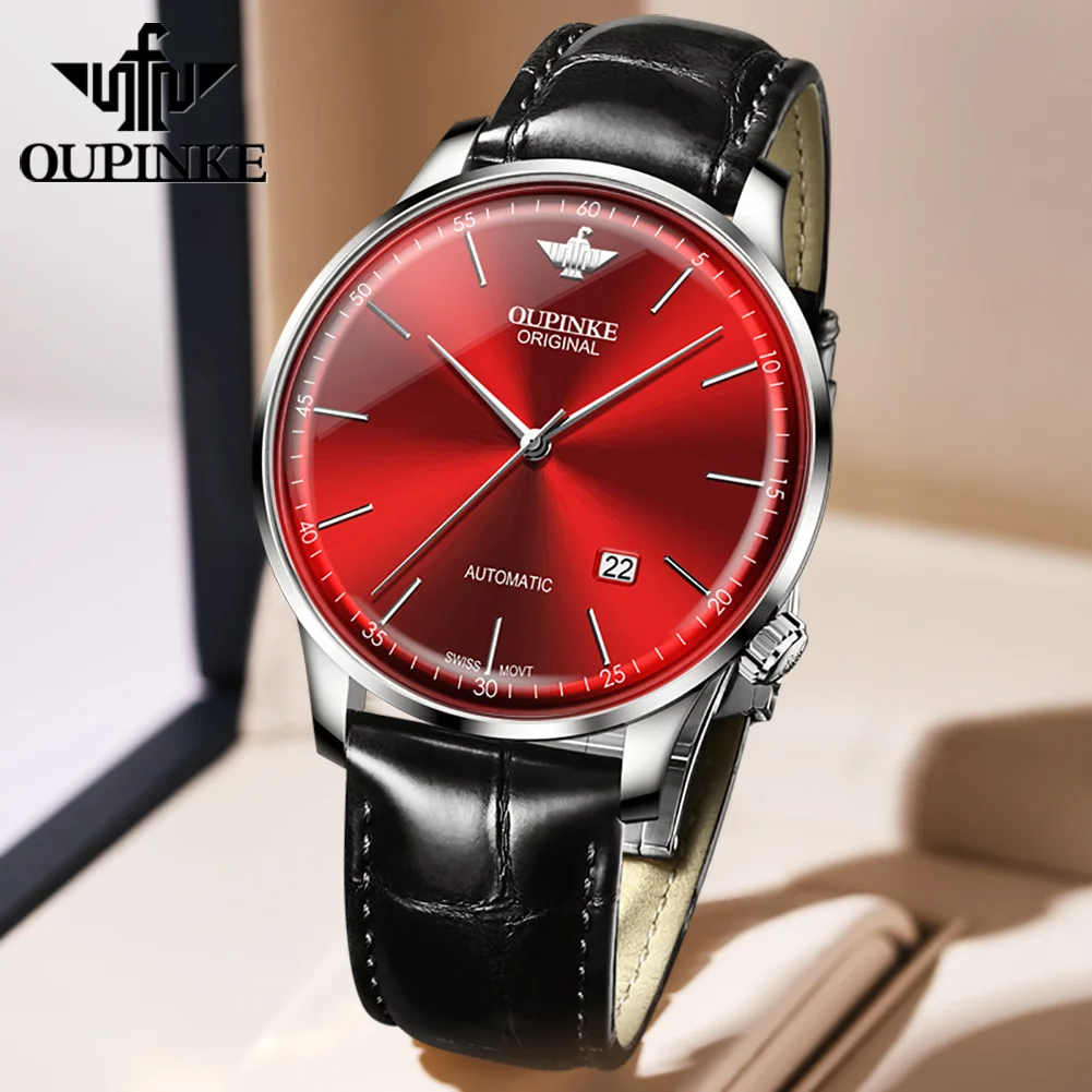 

OUPINKE Swiss big brand automatic mechanical watch leather fashion luxury business casual waterproof sapphire calendar watch