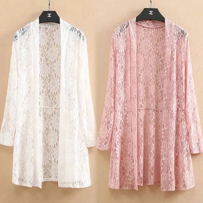 

Thin lace hollow sunscreen cardigan women's large size air-conditioned shirt summer new style Korean casual mid-length shawl top