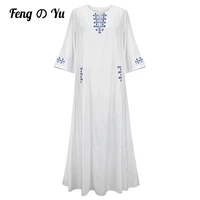 white loose dress womens long skirt 2022 casual 34 sleeve spring and summer vestidos womens v neck embroidered robe xl