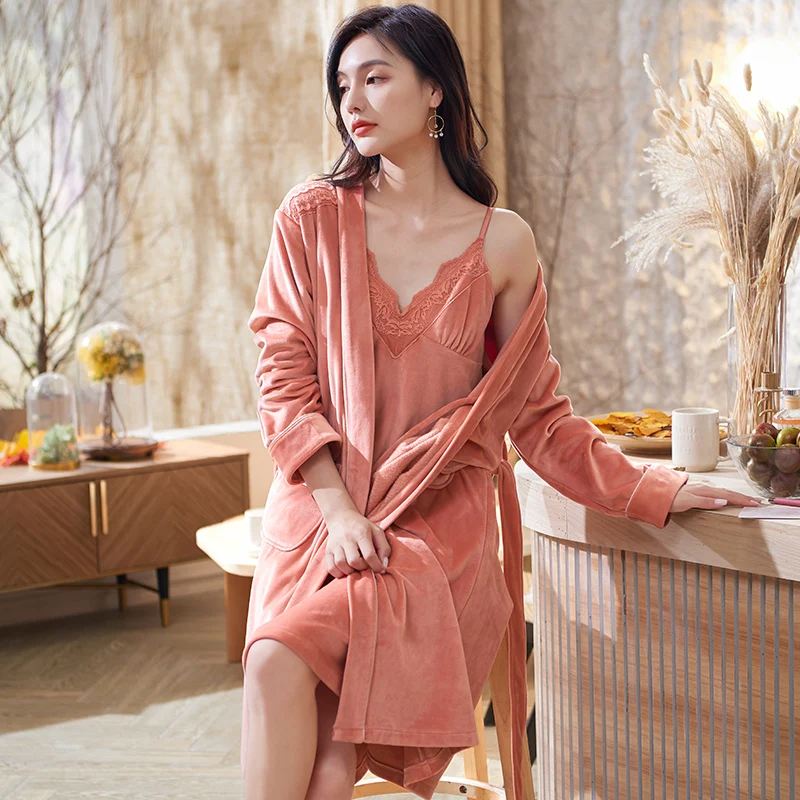 

Winter Island Velvet Women Robe&Gown Sets Sexy Lace Sleep Lounge Pijama Long Sleeve Ladies Nightwear Bathrobe V-Neck Night Dress