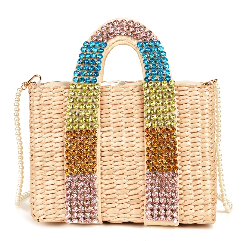 The New Diamond Straw Bag Hand Sewn Water Drill Beaded Ladies Handbags Woven Basket For Women | Багаж и сумки