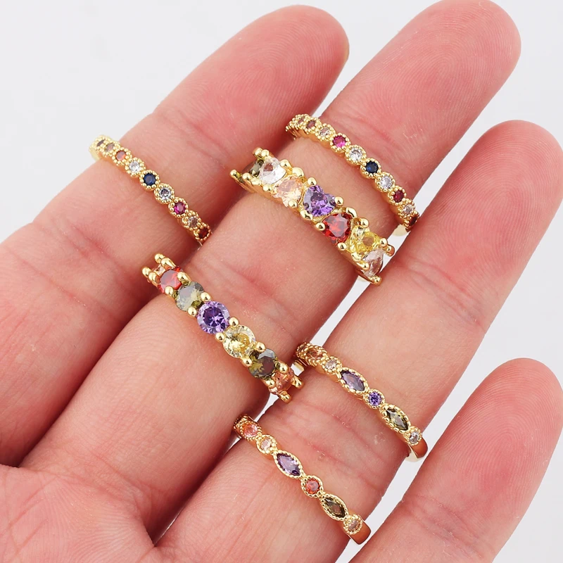

Round/Oval/Heart Colorful CZ Eternity Band Ring Thin Skinny Engagement Wedding Birthstone Rainbow Finger Rings Bridal Jewelry