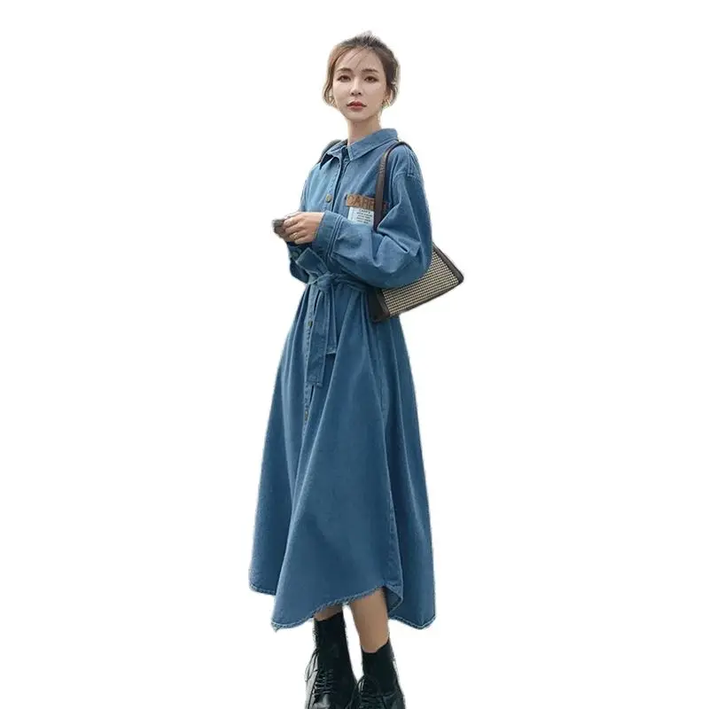 

Women Denim Dress Women Single Breasted Long Dress 2022 Spring New Korean Patchwork Long Sleeve Turn-down Collar Shirt Dresses