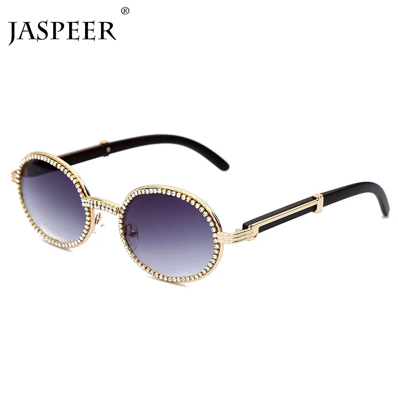 JASPEER Diamond Round Sunglasses Men Women Luxury Brand Designer Plastic Frame Purple Rhinestone Punk Goggle Glasses