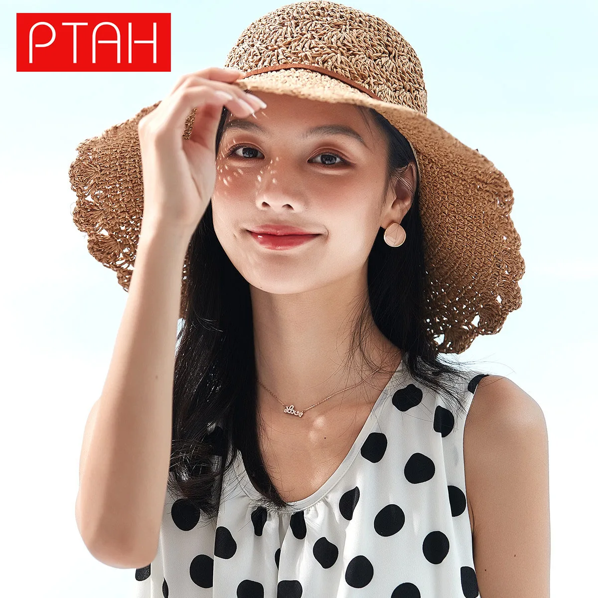 

[PTAH] 2021 Summer Sun Hat Women UPF 50+ Wide Brim Roll-up Straw Lightweight Foldable Beach Cap Breathable Sun Protection Visors
