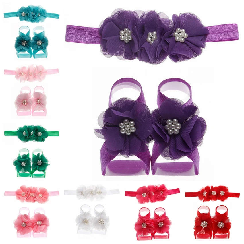 

Cute 3pcs/set Chiffon Flower Barefoot Sandals with Infant Floral Headbands Sets Kids Summer Shoes Newborn Photography Props
