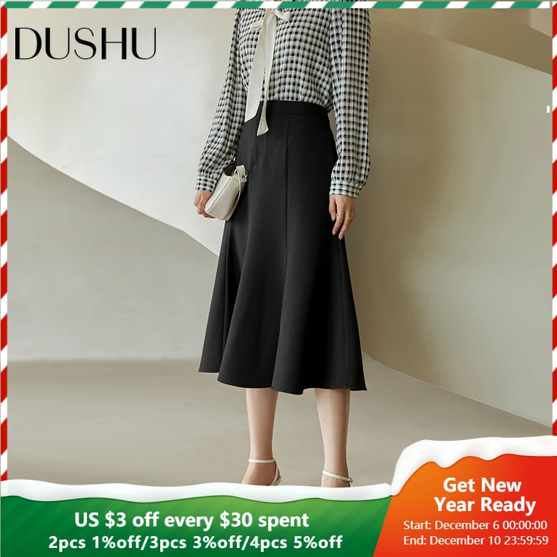 

DUSHU Office Lady Loose Black High Waist Women's Commuter Fishtail Skirt High Waist Autumn 2021 New Style Pleated Skirt