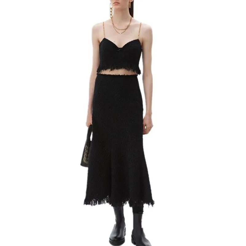 Женский твидовый комплект из двух предметов сексуальный черный топ труба +