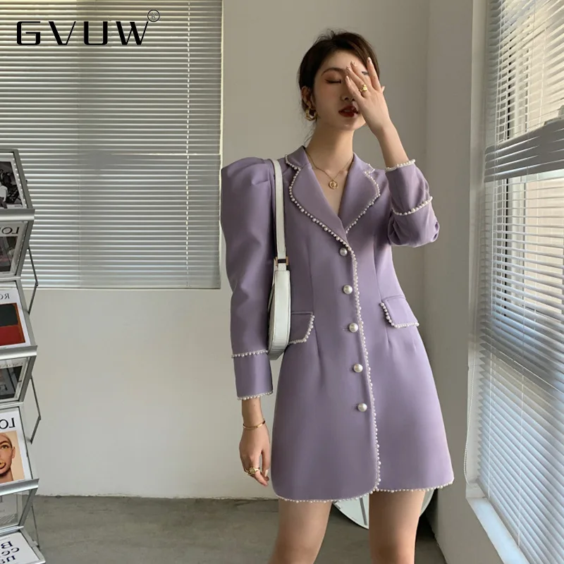 

GVUW Sense Niche Design 2021 New Pearl Bubble Sleeve Suit Skirt Fashion Waist Closing Thin Celebrity Temperament Dress KB91080