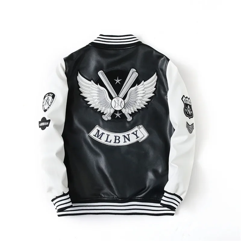 

Autumn Spring 2020 Women PU Jacket Female Vintage Embroidery Cartoon pattern Baseball Jackets fashion Spliced Leather coat s
