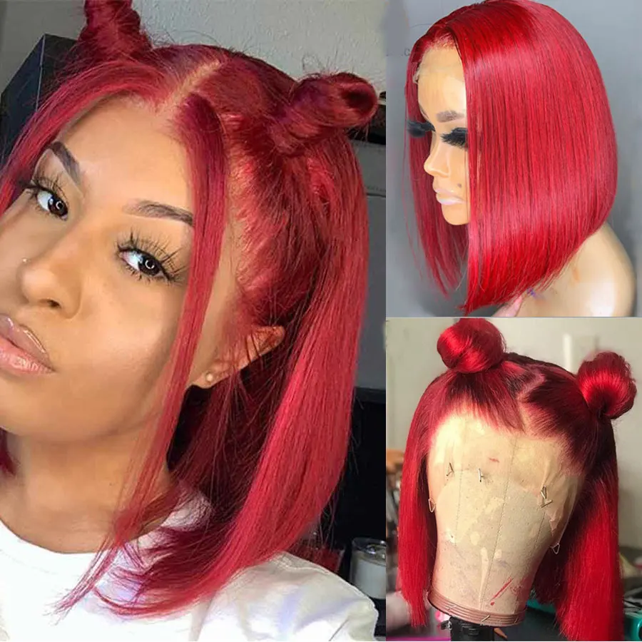 

13X6 Human Hair Wig Bob HD Transparent Lace Front Wigs 99J Red Straight Lace Frontal Bleached Knots Pre Plucked Bob