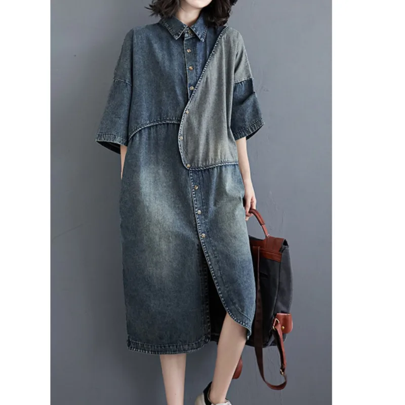 

Large Size Women Spring Summer Art Irregular Stitching Dress Medium Length Loose Vintage Sreeetwear Dress Plus Size Casual Dress