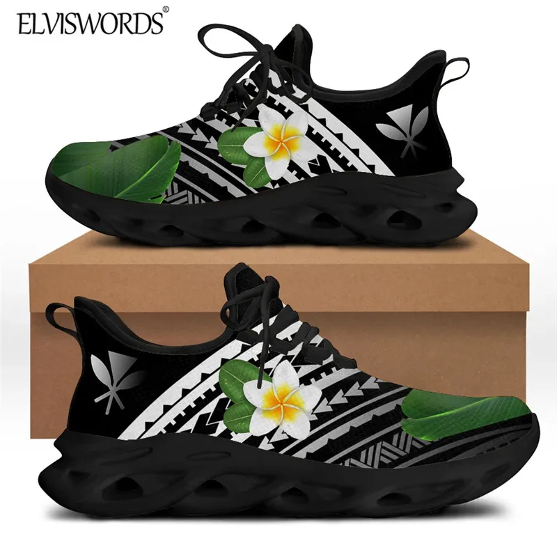 

ELVISWORDS Cool Black Sport Sneakr for Women Polynesian Tribal Pattern With Flowers Design Casual Flats Lace-up Lightweight Shoe
