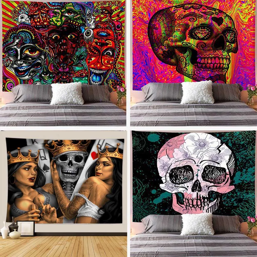 

Creative Psychedelic Flower Skull Wall Hanging Tapestry Home Background Cloth Beach Towel Corridor Bedroom Living Room Decor