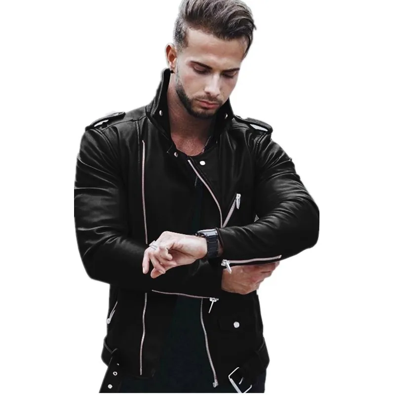 Куртка мужская из искусственной кожи на молнии повседневная приталенная для