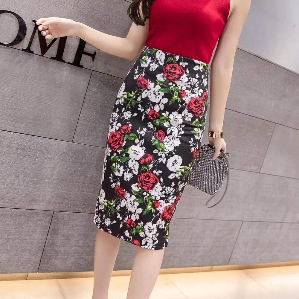 

Ethnic style printed hip skirt medium length one-step skirt over the knee with split back for slim skirt