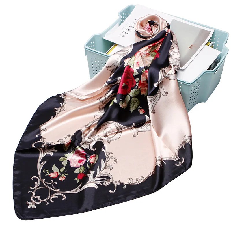 

Fashion Floral Print Hair Scarf For Women Kerchief Silk Satin Hijab Scarfs 90*90cm Square Shawl Headband Scarves For Ladies 2021