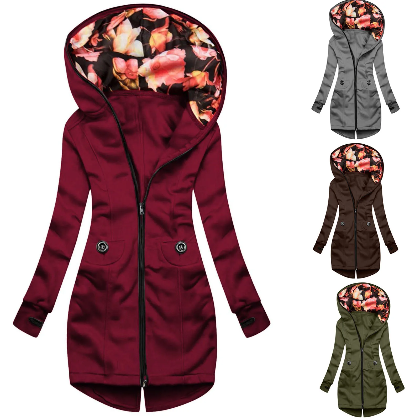 

Autumn Winter Women Long Sleeve Coat Zip Irregular Floral Print Hooded Jacket Drawstring Pockets Outwear Coat Long Hoodies