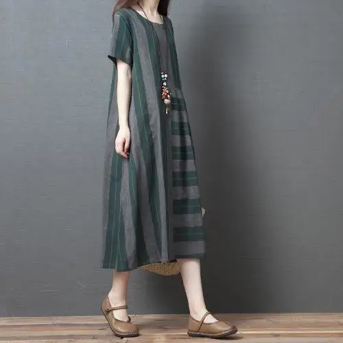 

2021 New Women Summer Linen Casual Dress Elegant Striped Print Maxi Plus Size O-Neck Dresses Female Vintage Vestidos Q155